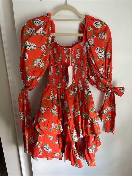 Caroline Constas Dresses & Skirts - Caroline Constas Coral-Red Floral Puff-Sleeve Tiered Mini Dress